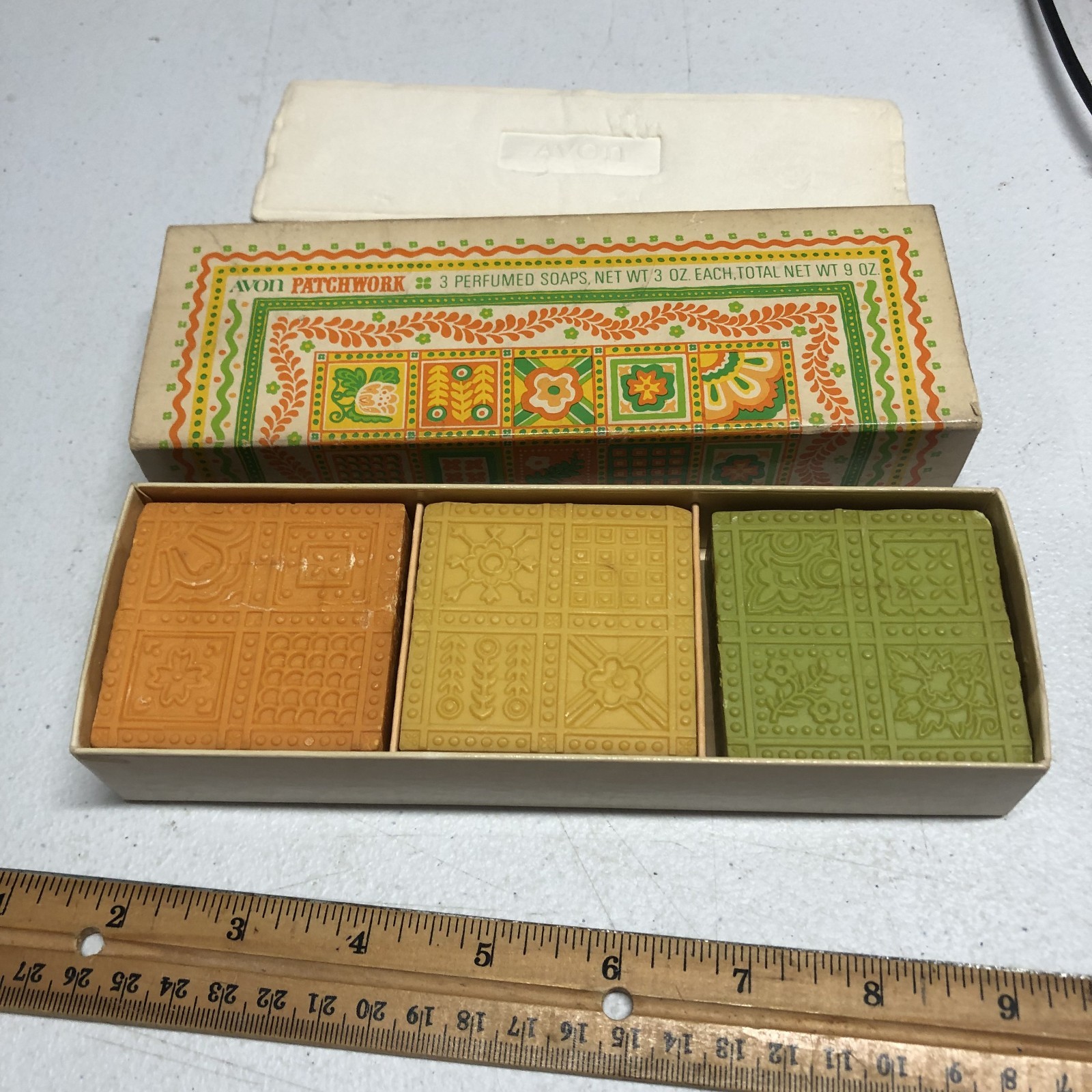 3 Avon PATCHWORK Perfumed Soaps ORANGE YELLOW GREEN Vintage