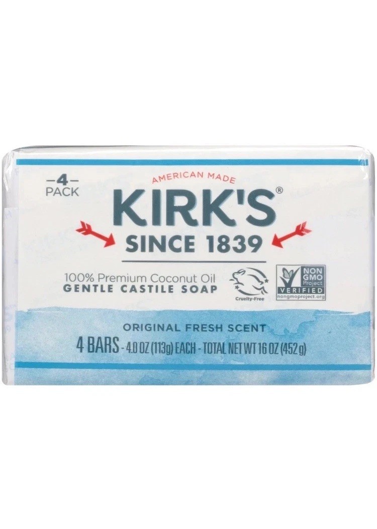 Kirk’s Castile Bar Soap – Made With Premium Coconut Oil, 4 oz. Bars, 4 Pack