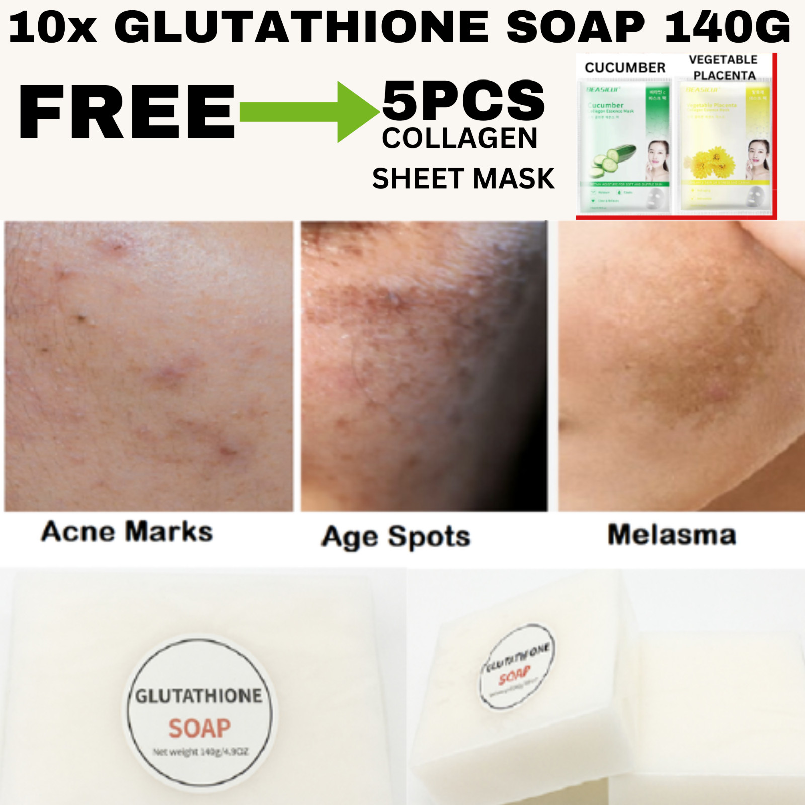140g Pure GLUTATHIONE SOAP Skin Whitening Pigmentation Facial Soap – Pack of 10