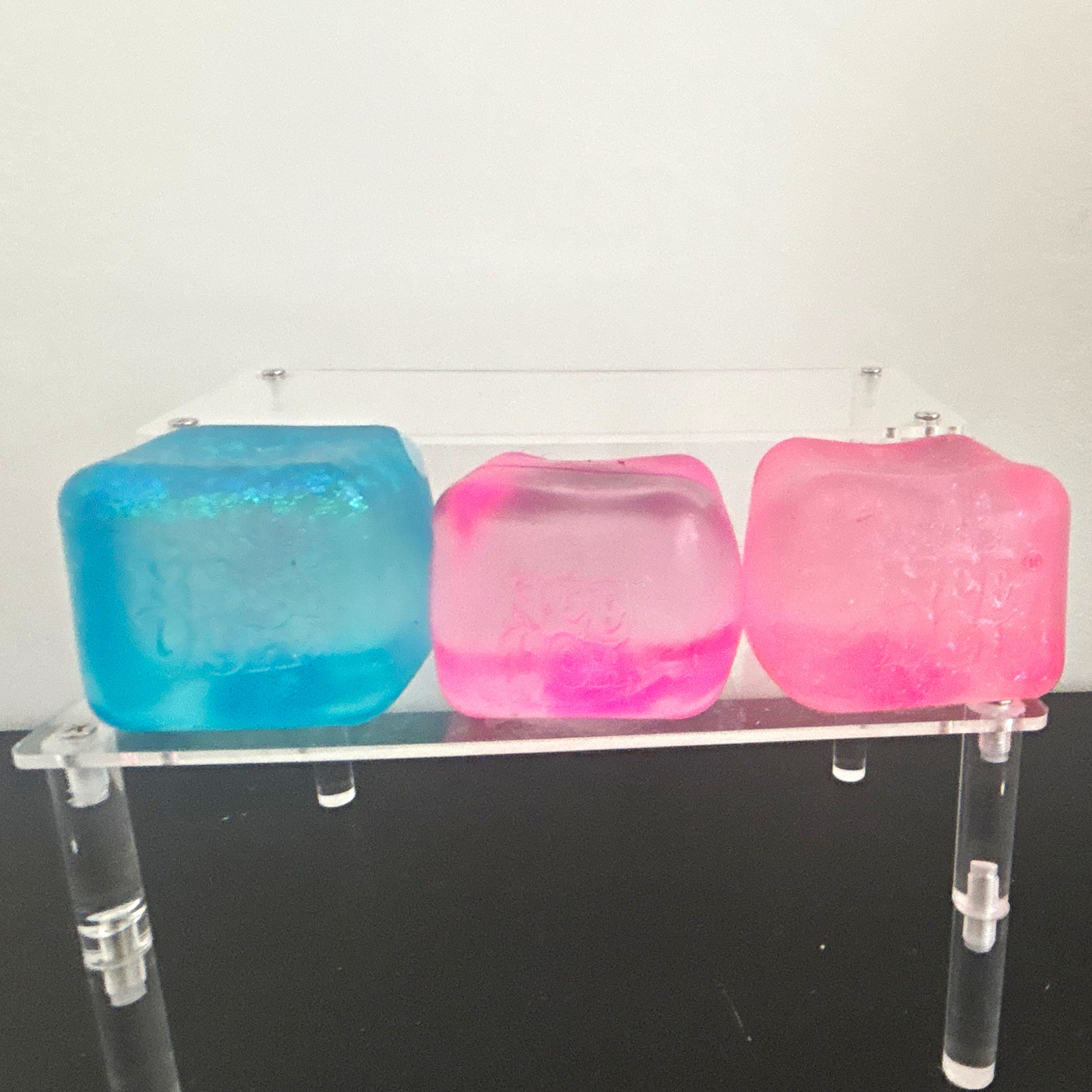 3 Needoh cubes two pink and blue glitters and one clear pink ice cube 100% real