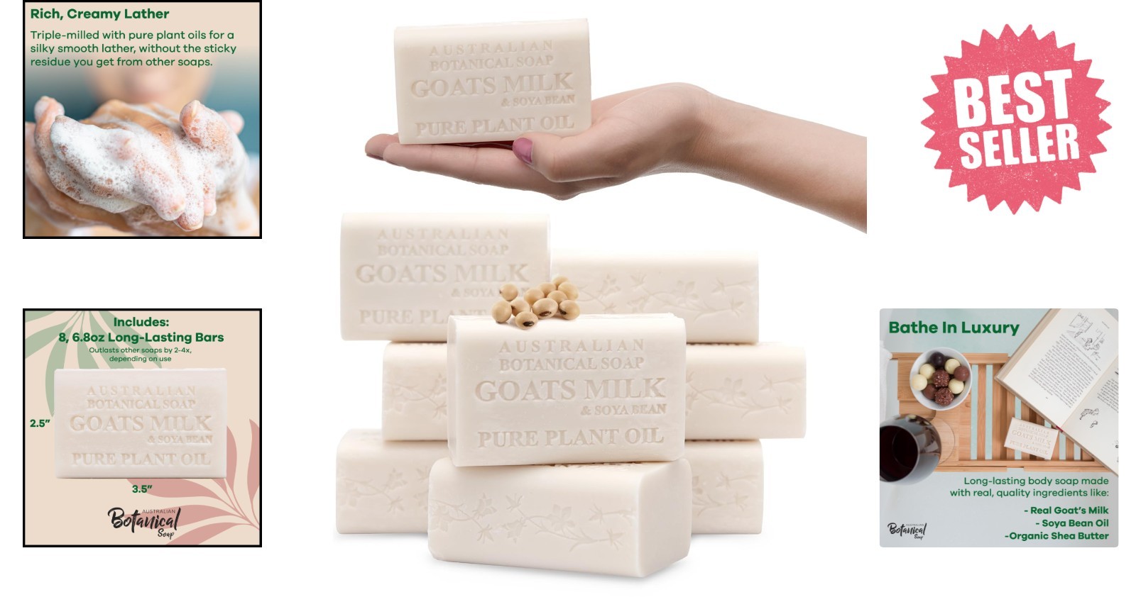 Moisturizing Goat Milk Soap Bars 6.6 OZ, 8 Count with Soya Bean Oil & Lather