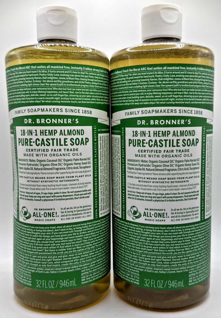 2x Dr. Bronner’s 18-In-1 Hemp Almond Pure-Castile Soap 32 Oz