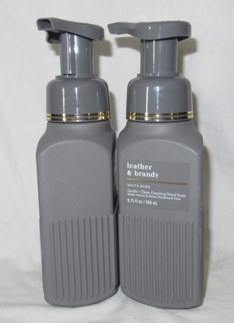 White Barn Bath & Body Works Gentle Foaming Hand Soap Lot Set 2 LEATHER & BRANDY