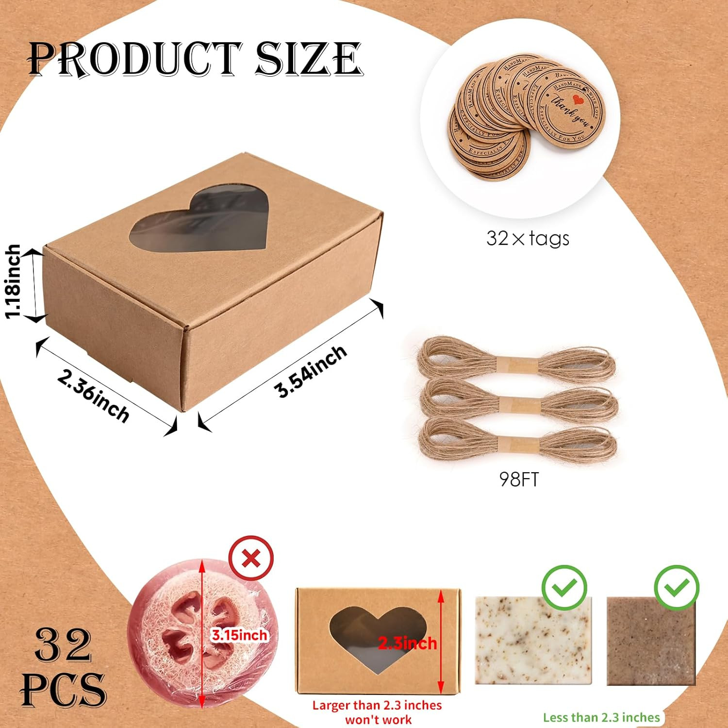 32 PCS Brown Soap Boxes for Homemade Soap, 3.54 X 2.36 X 1.18 Inch Soap Packagin