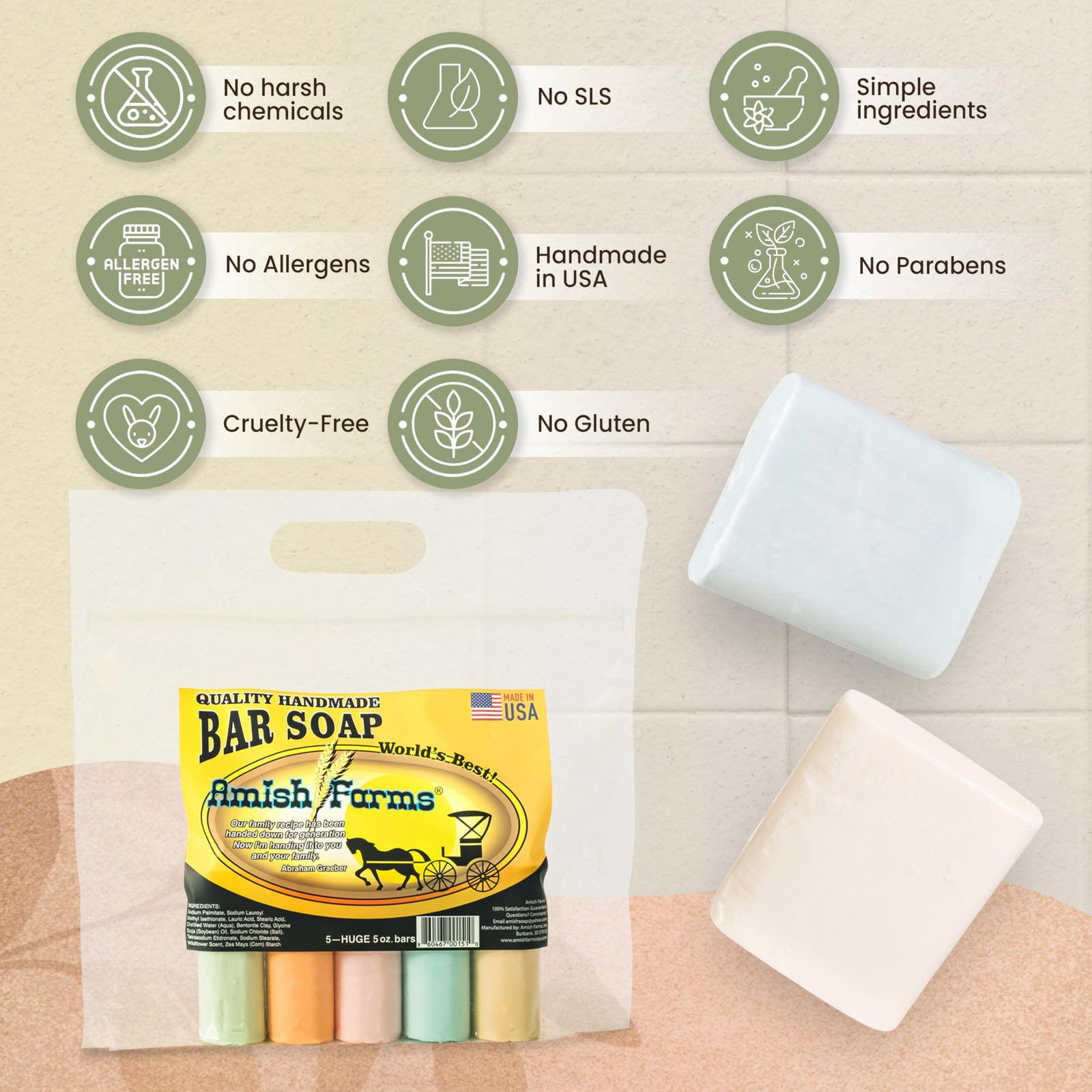 Amish Farms Soap Bar with All Natural Bentonite Clay | Made in USA Vegan