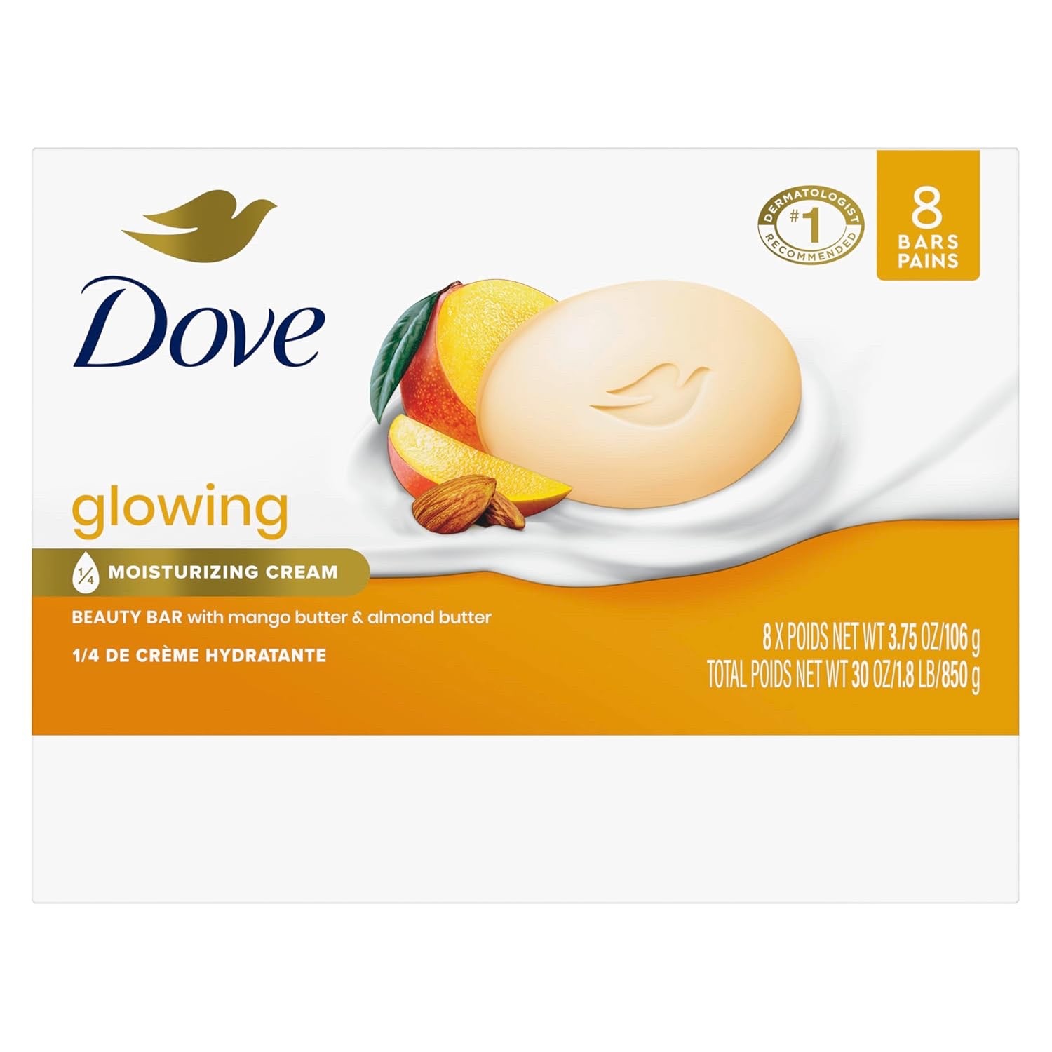 Dove Beauty Bar Soap Glowing Mango & Almond 3.75 Ounce (Pack of 8), Yellow