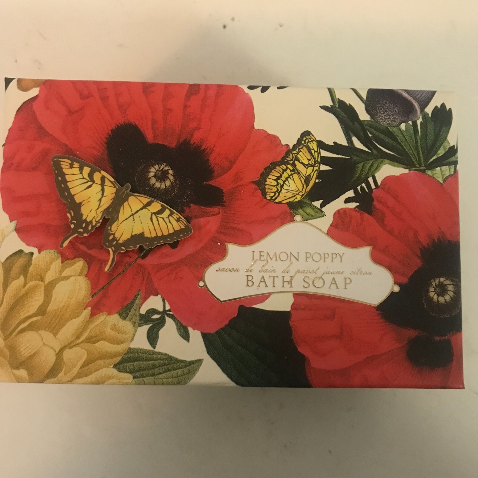 Lemon Poppy Bath Soap 12 oz Made in USA Beautiful Box with Butterfly Made China