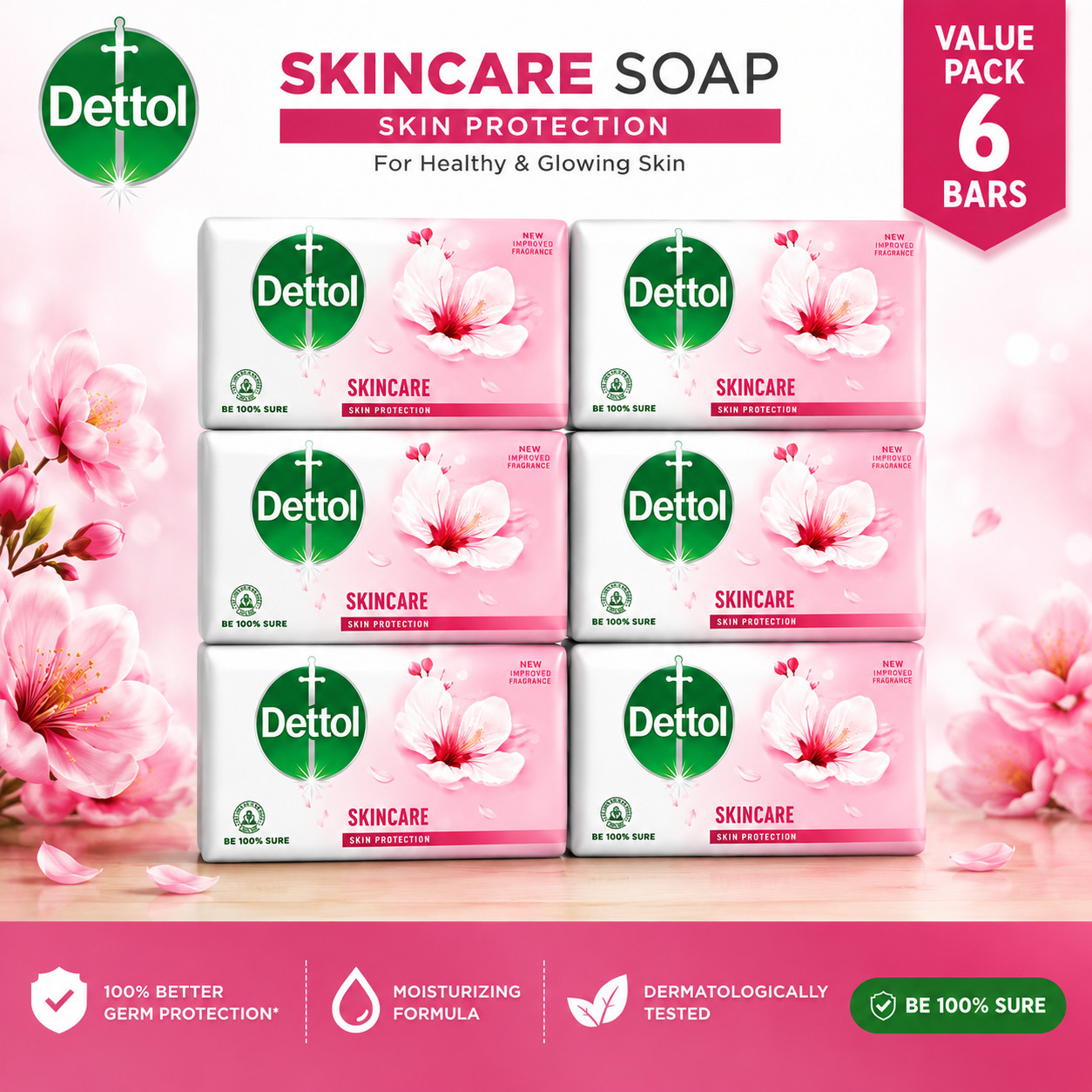 Pack of 6 Dettol Skincare Antibacterial Soap Bar 110g Moisturizing Bath Soap
