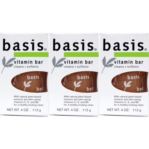 (3 Bars) Basis Vitamin Bar Soap Cleans + Softens with Vitamins C, Vitamins E, B5