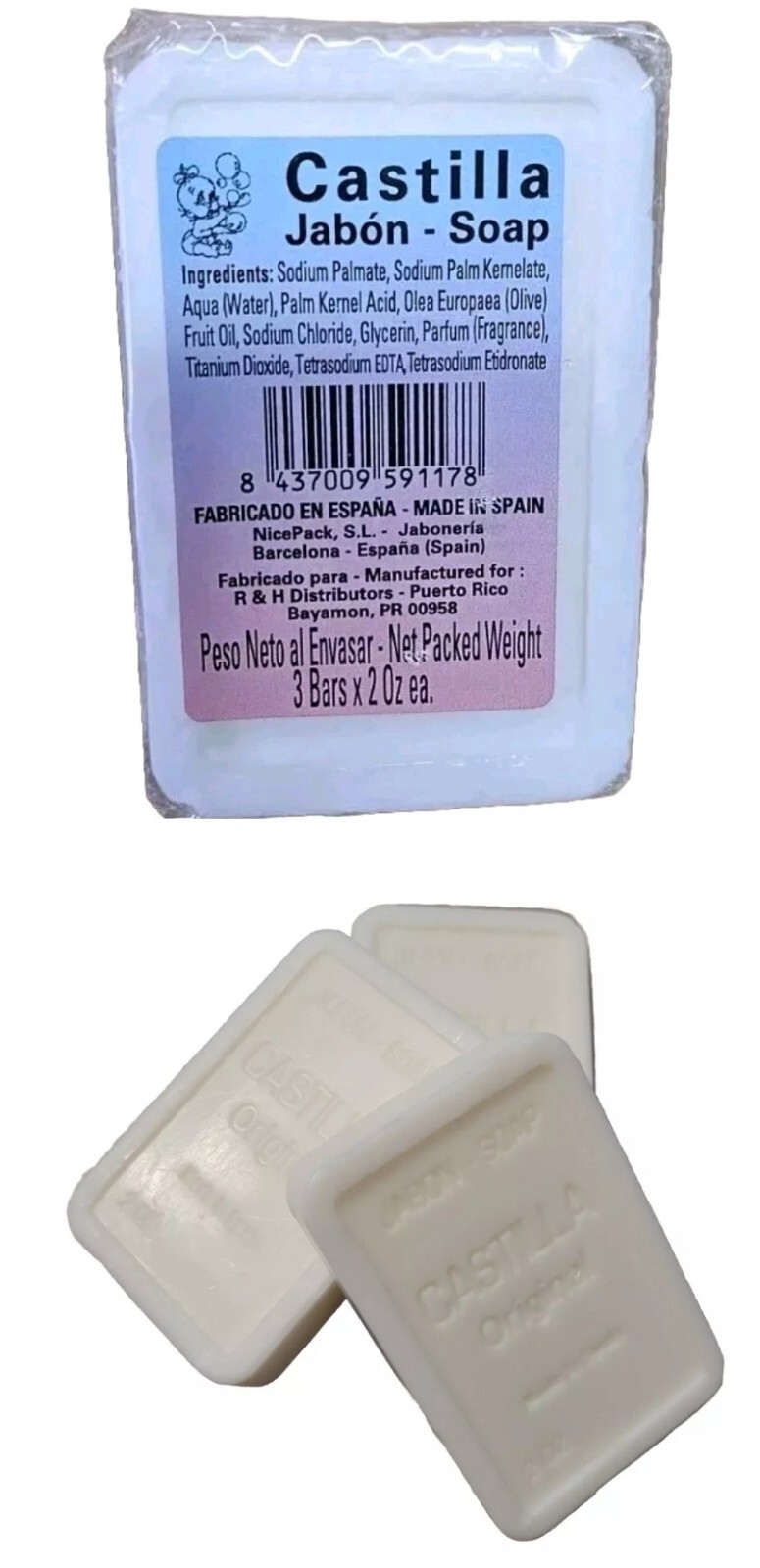Jabon Castilla Baby Castile Vegetal Oil Soap Bars For Childrens 3 Bars-2 0z.