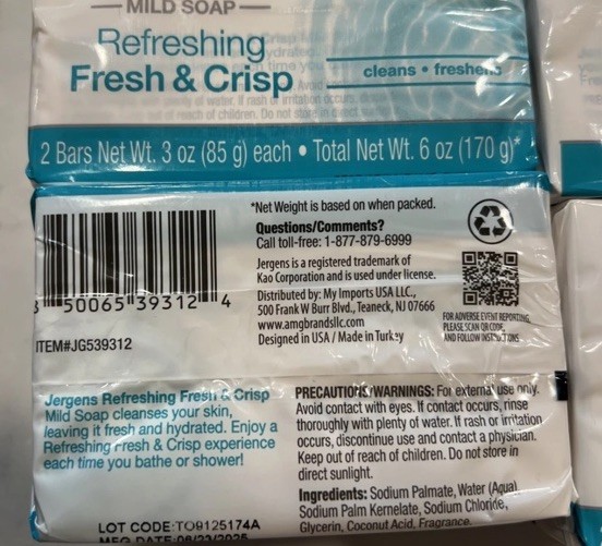 Lot of 4 (2) Packs of Jergens Mild Soap, Refreshing FRESH & CRISP. Total 8 Bars