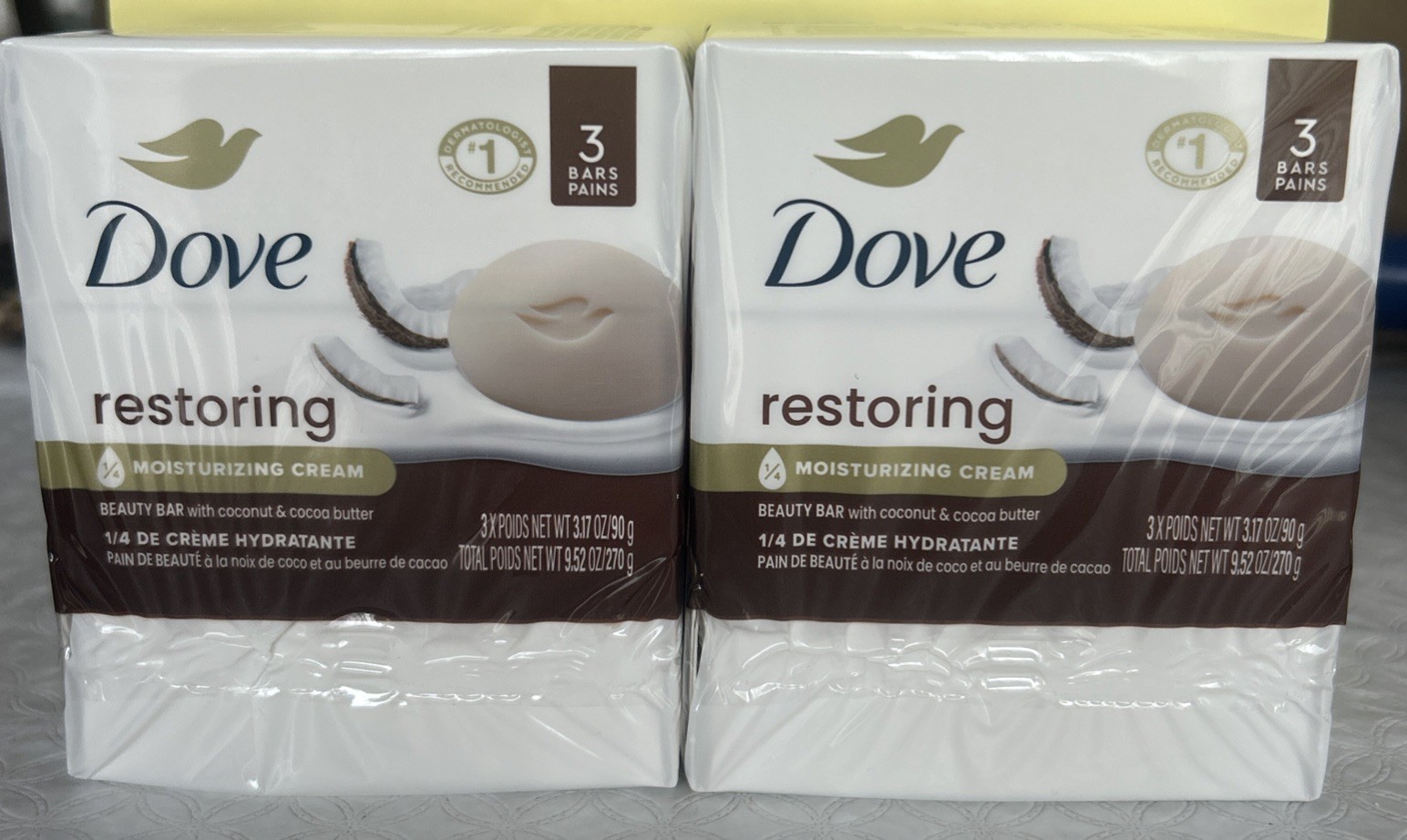 2 New Dove Restoring Beauty Bar Coconut & Cocoa Butter 1/4 moisturizing cream