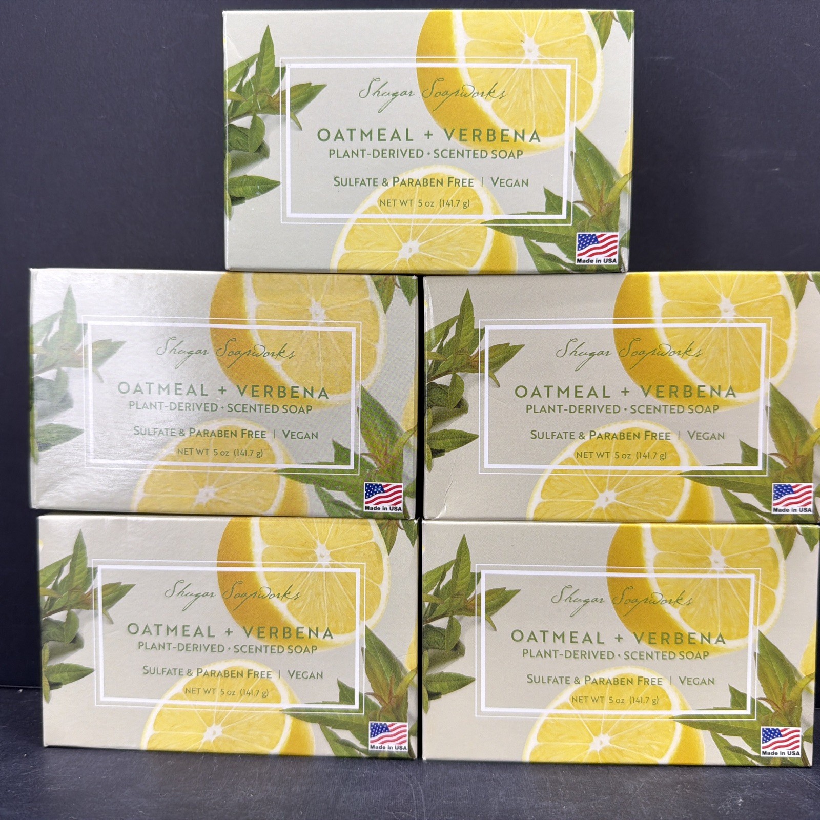 Shugar Soapworks Oatmeal Verbena Soap 5 Oz Vegan Lot of 5 New Sealed