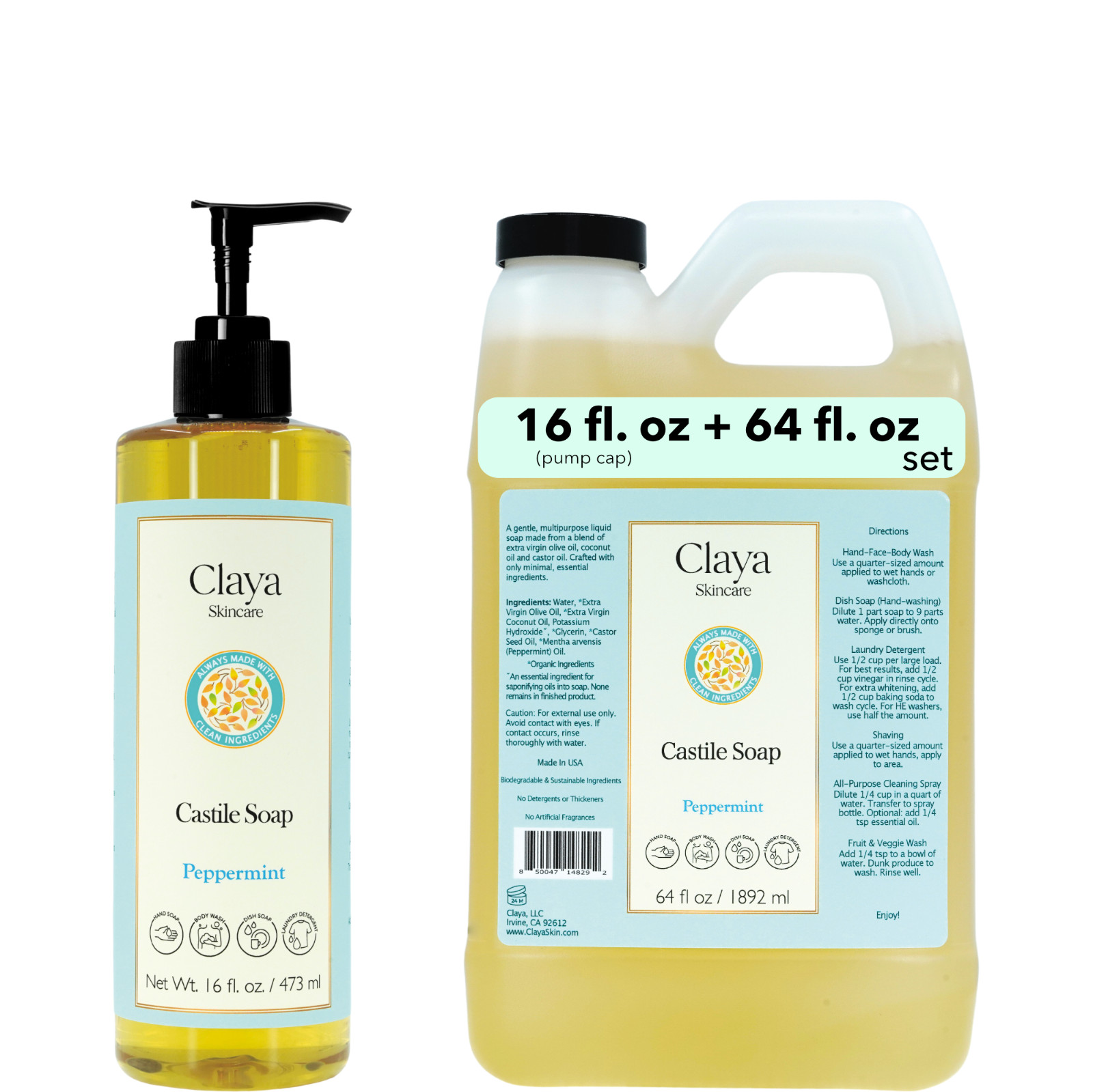 Peppermint Liquid Castile Soap Set – Organic Ingredients, Gentle for skin