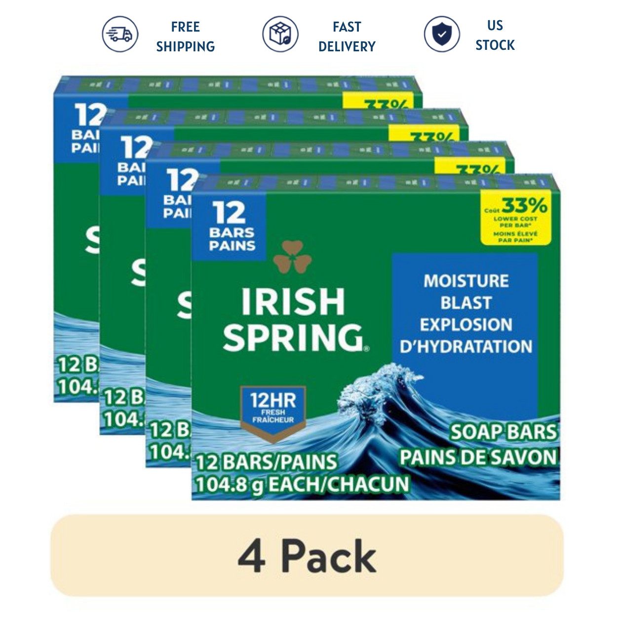 4 Pack Irish Spring Moisture Blast Bar Soap Men 12 Bars 3.7 oz Deodorant Soap