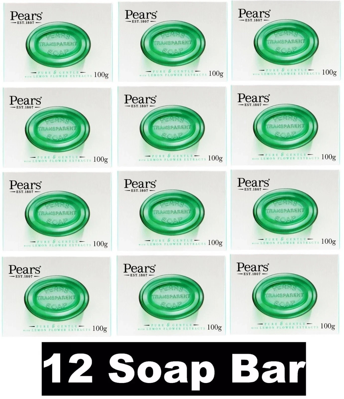 12 x PEARS 100g TRANSPARENT SOAP BAR PURE & GENTLE LEMON FLOWER EXTRACTS NEW