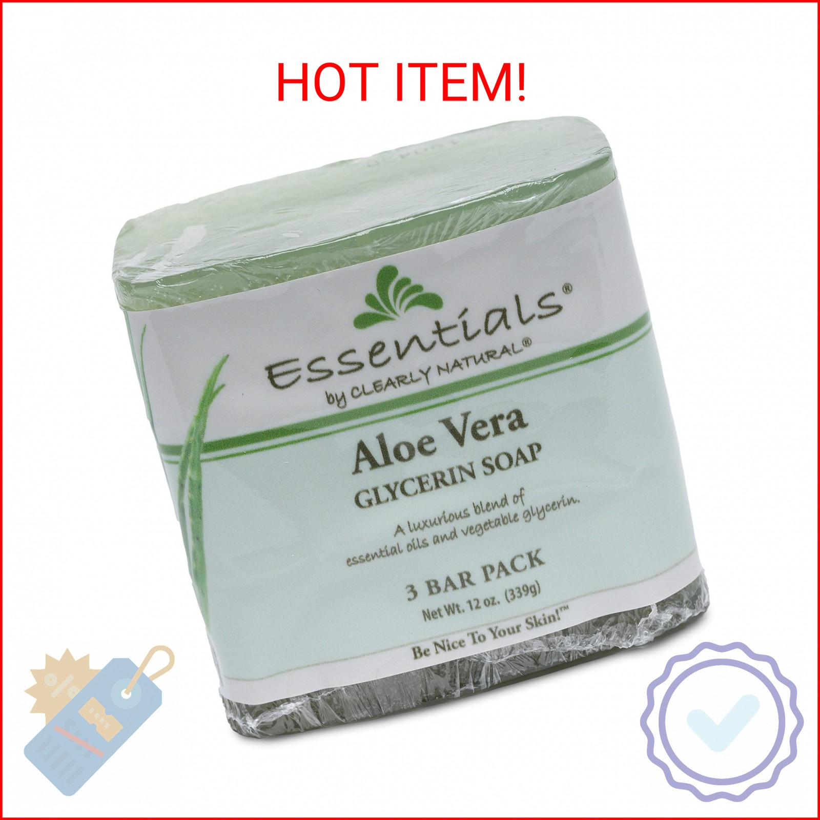 Clearly Natural Essentials Glycerine Bar Soap, Aloe Vera, 12 oz, 3 Count