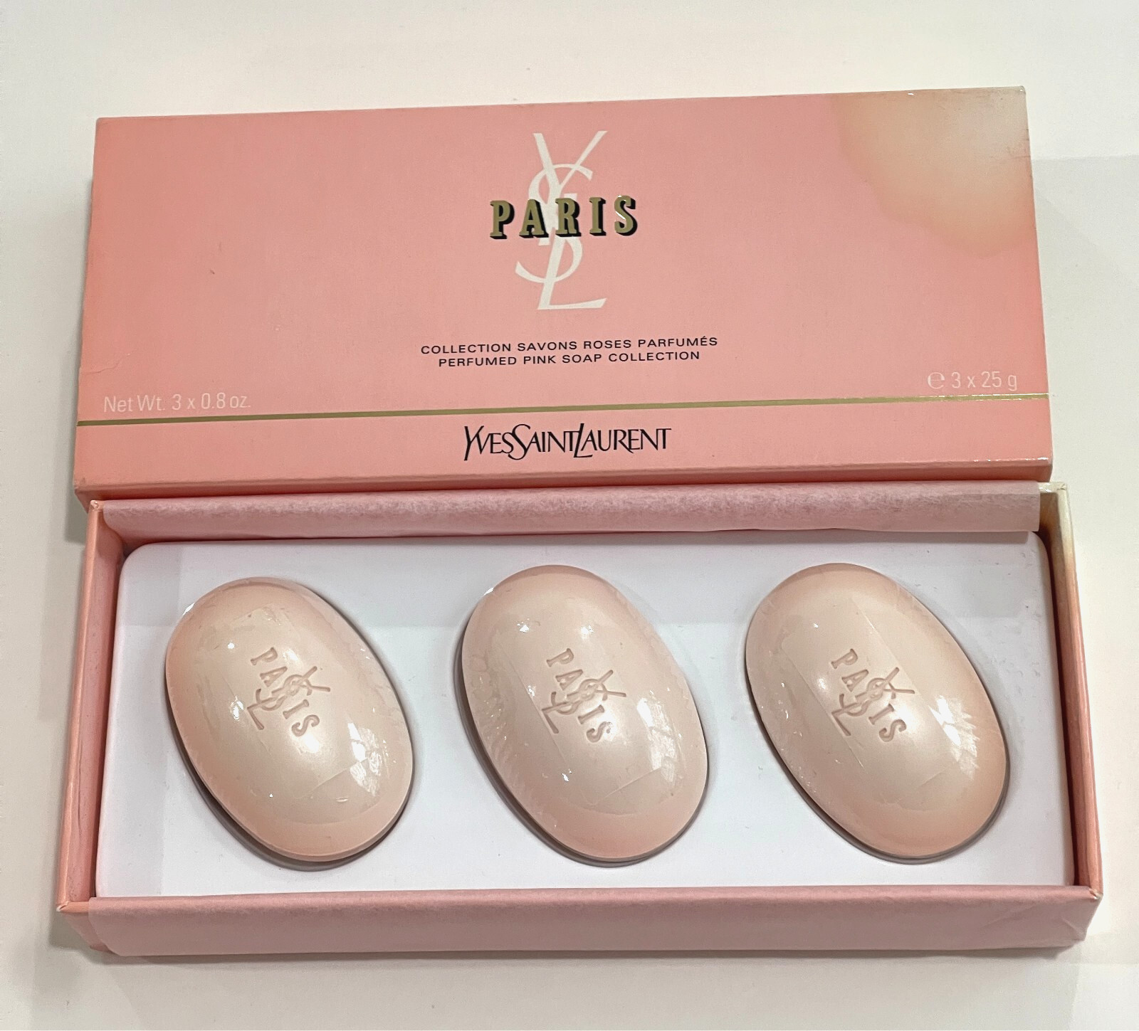 YSL Paris Perfumed Pink Soap Collection 3 x .8 fl oz / 3 x 25 g Bar Soap NIB