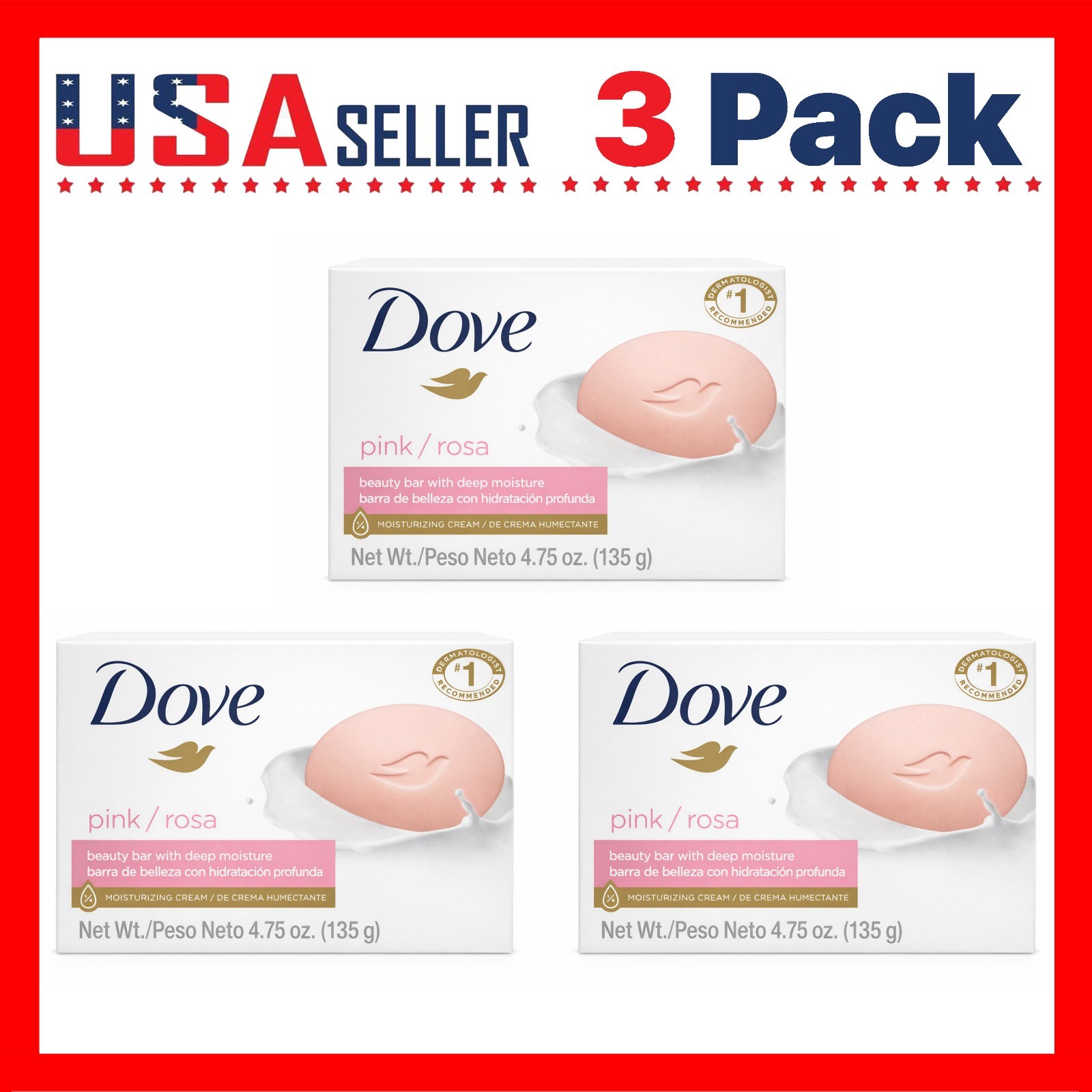Dove Pink Rose x [3 Pack] x 135 g Beauty Bar Moisturizing Cream Soap