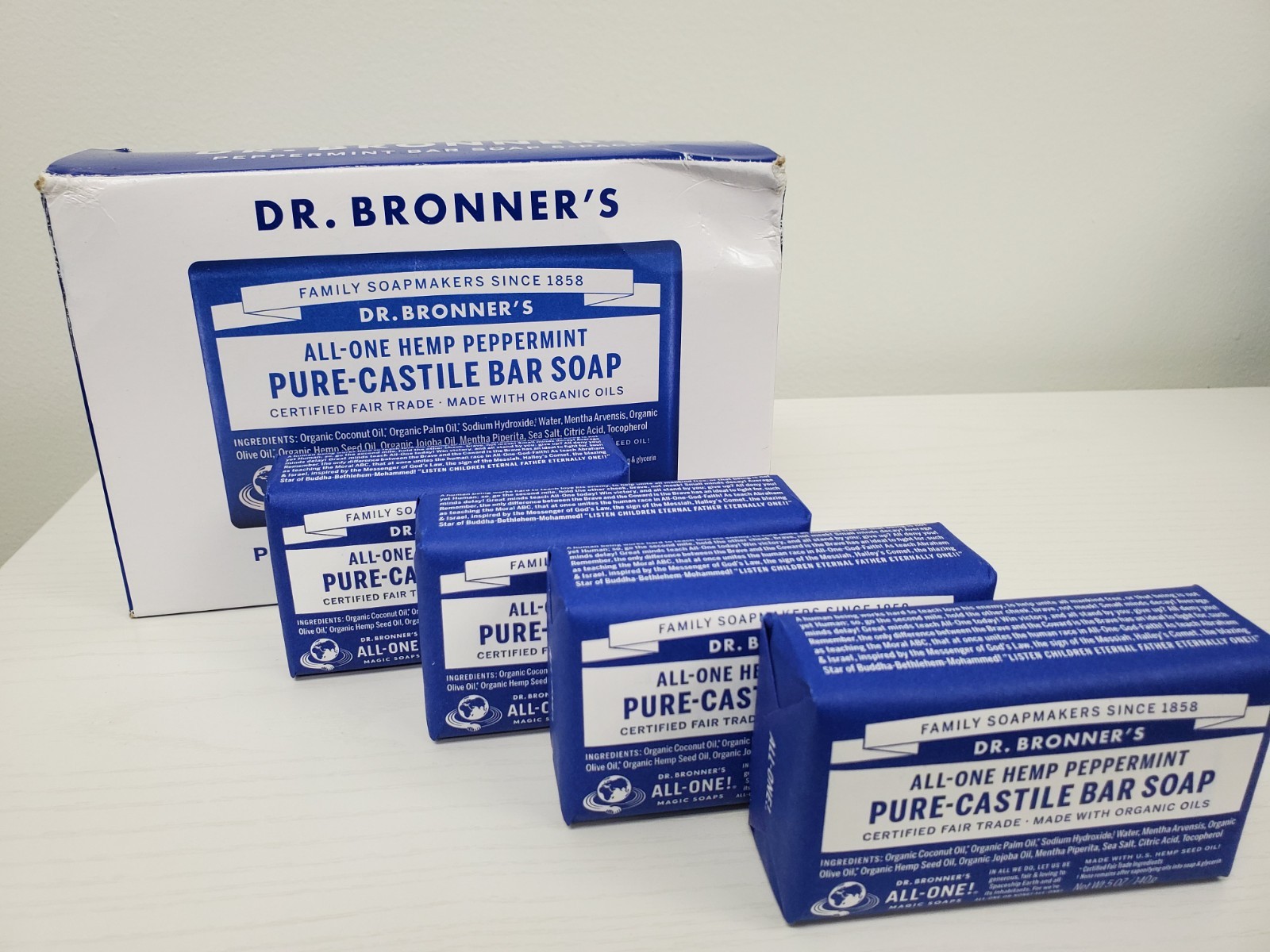 Dr. Bronner’s Pure Castile Bar Soap Peppermint Hemp 5oz Fair Trade 4 PACK