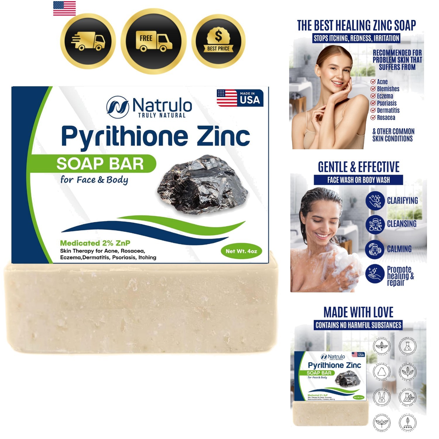 Pyrithione Zinc Soap Bar for Face & Body, 4oz | Medicated 2% ZnP Bar Soap Ski…