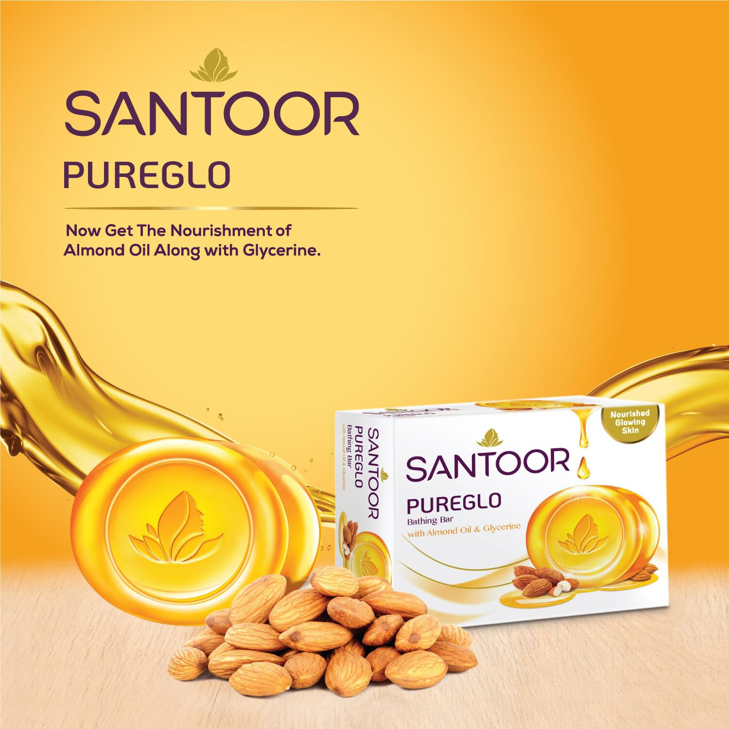 6X Santoor PureGlo Glycerine Bathing Bar Soap with Almond Oil -125g -Free Ship