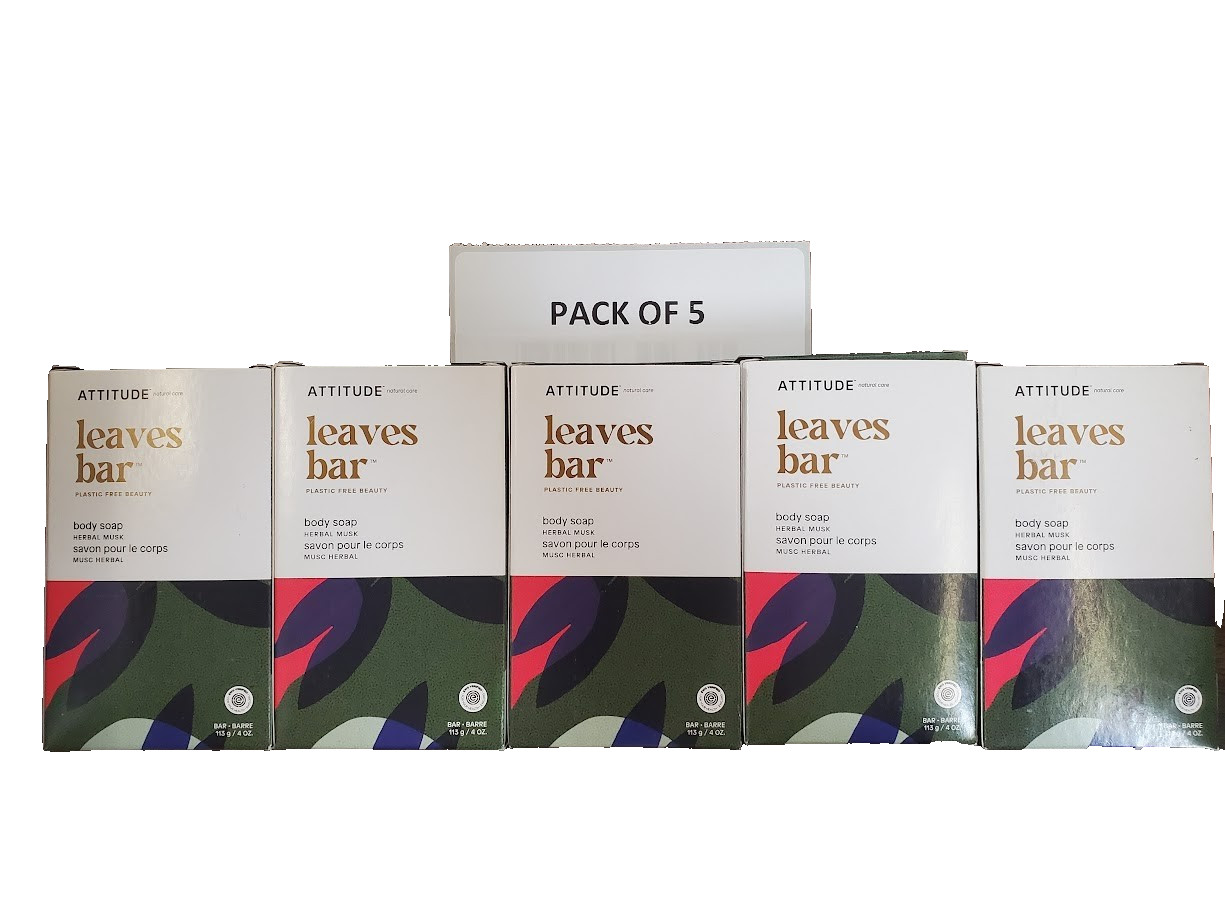 5 Pack Leaves Bar Body Soap – Herbal Musk – 4 Oz each By Attitude (Plastic Free)