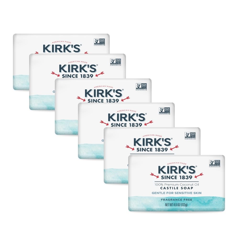 Kirks Castile Soap Bars – Vegan, Fragrance Free, 4 oz, 6 Pack