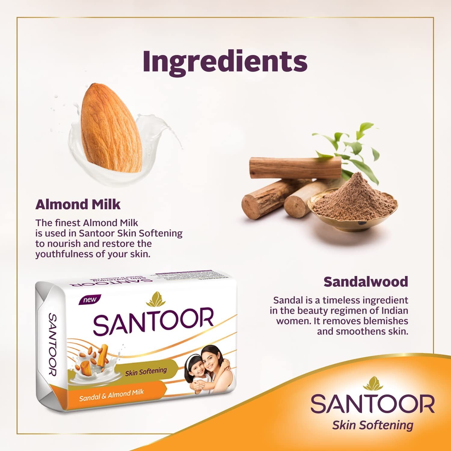 Santoor Sandalwood & Almond Milk Soft Bath Soap 150g Pack of 6