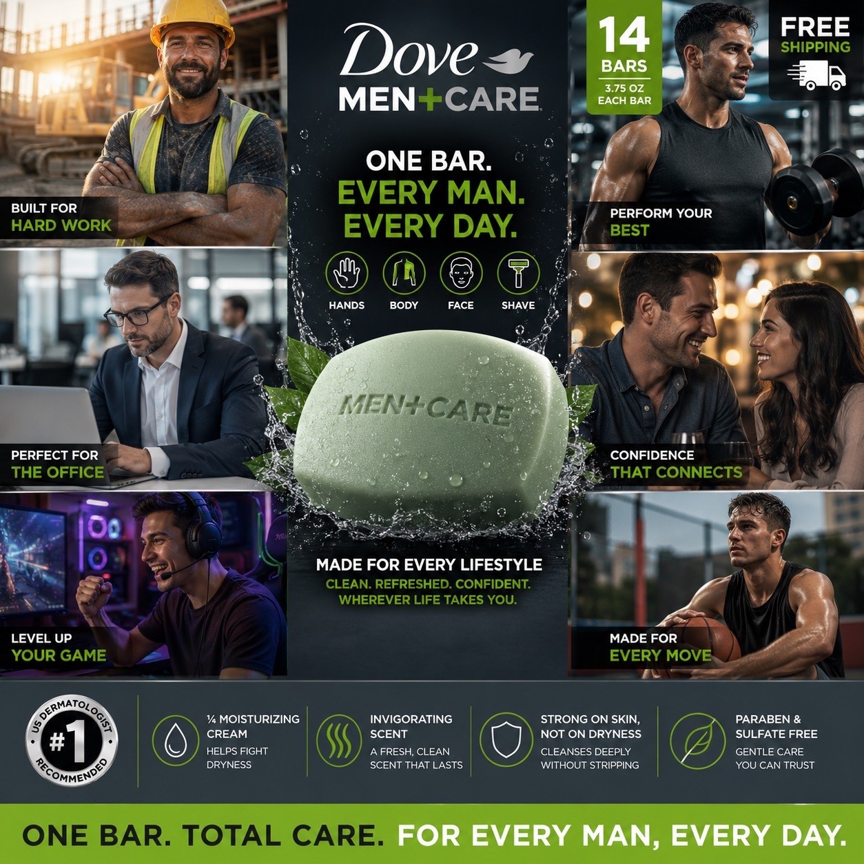 Dove Men+Care Bar 3 in 1 Cleanser for Body, Face, and Shaving Extra Fresh 14 Bar