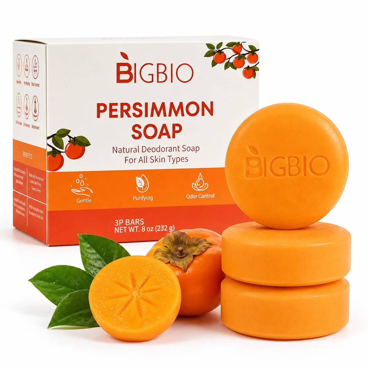 3 Pcs Persimmon Soap Bar for Body Odor Control, Natural Deodorant Body Bar Soap