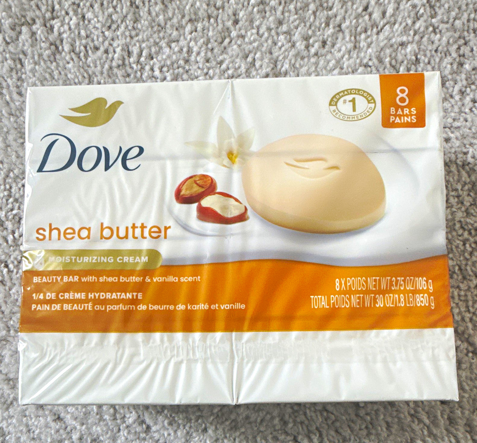 Dove Beauty Bar Shea Butter Moisturizing Vanilla Scent Soap, 8 x 3.75 oz