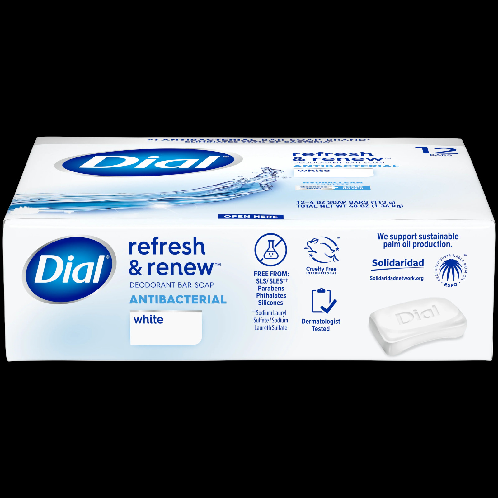 Dial Antibacterial Bar Soap, Refresh & Renew, White, 4 oz, 12 Bars