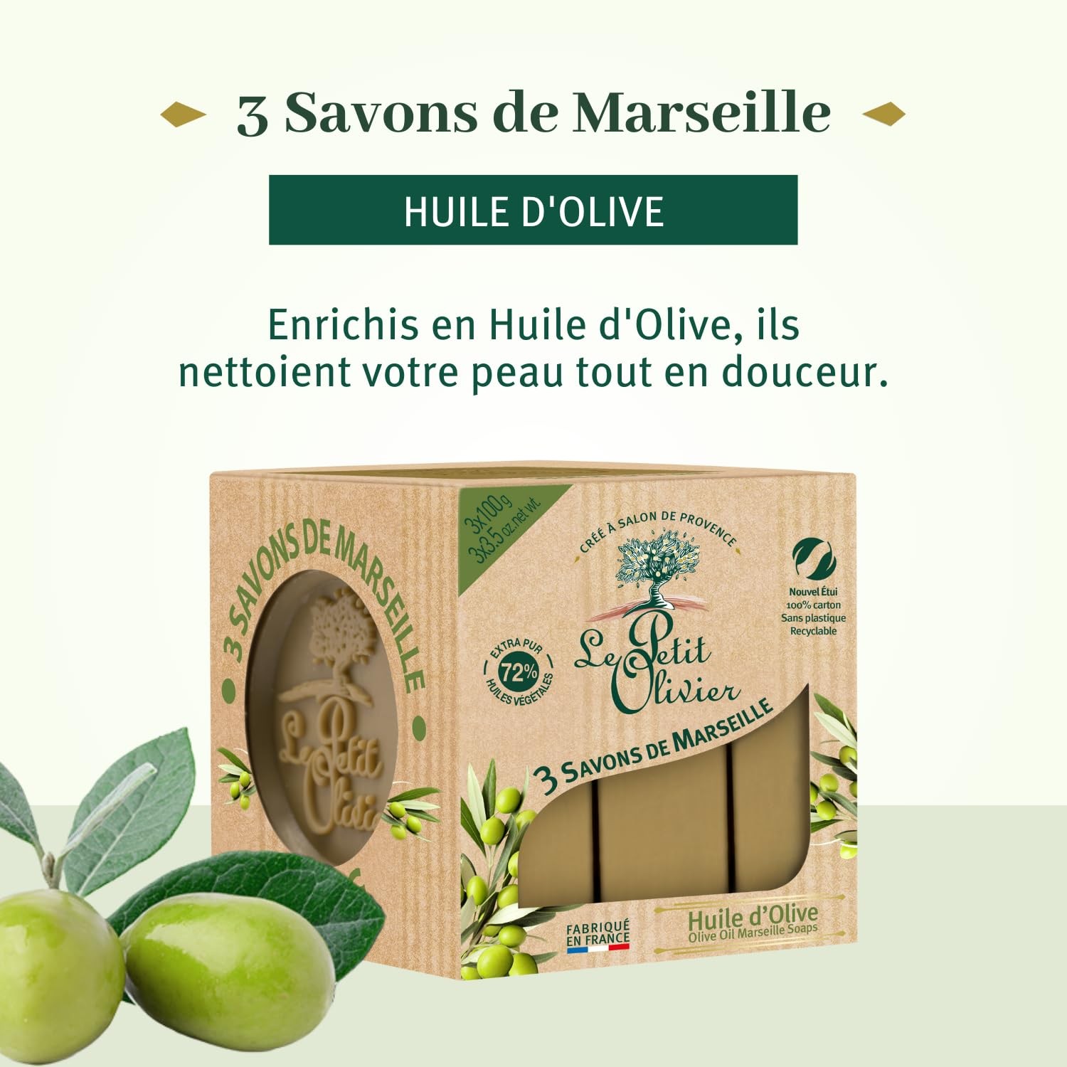 Olive Oil Marseille Soaps, 3 x 3.5 oz – Enriched with Olive Oil and Natural E…