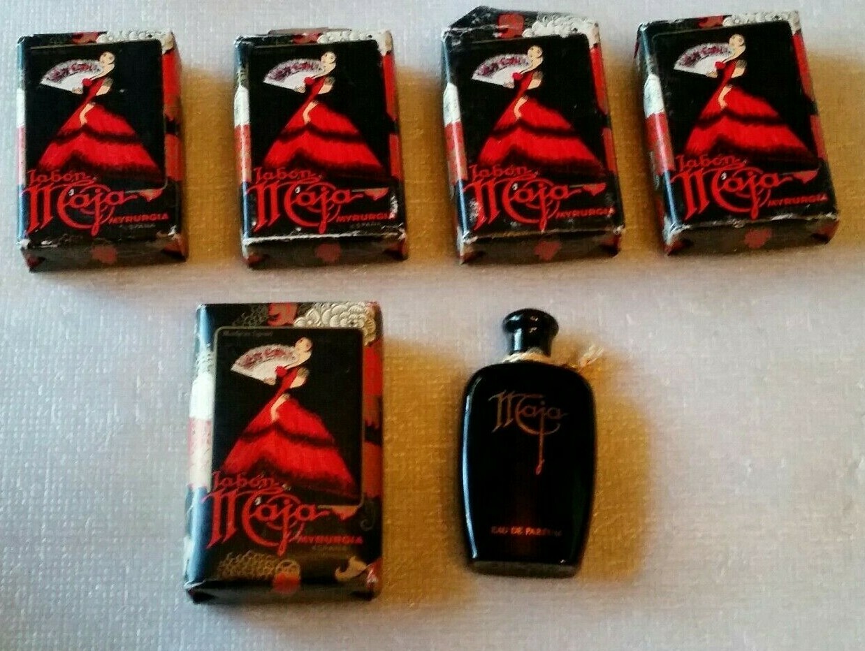 5 bars vtg Myrurgia MAJA soap 3 1/8 oz & Maja Eau de Parfum 80% full sample size
