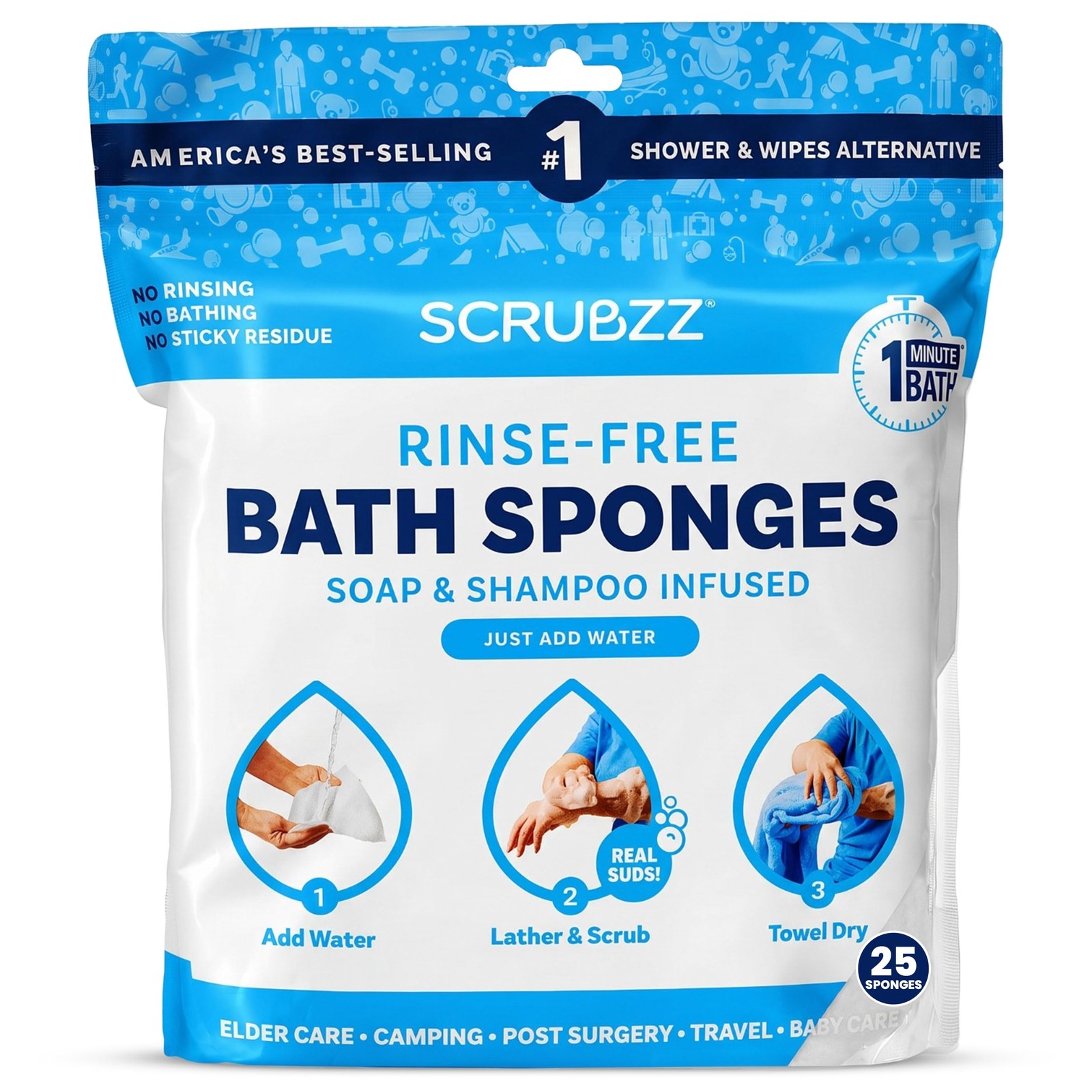Scrubzz Disposable Rinse Free Bathing Wipes – 25 Count (Pack of 1), Unscented