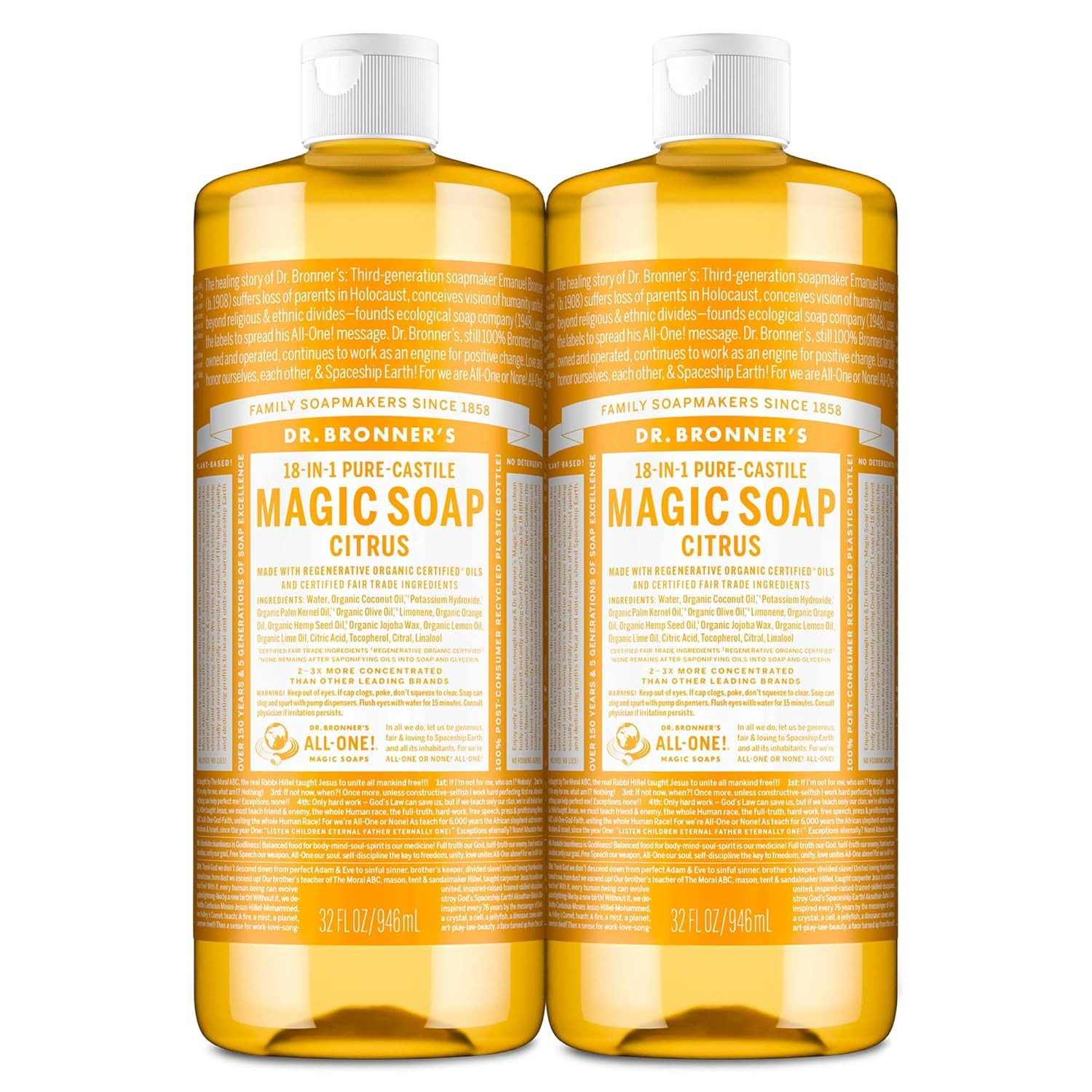 Magic Soap-Pure-Castile Liquid Soap (Citrus, 32Oz, 2-Pack)-Regenerative Organic