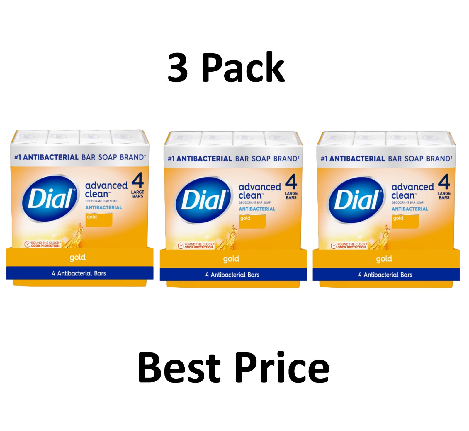 3x Dial Antibacterial Deodorant Bar Soap, Advanced Clean, Gold, 4 oz, 4 Bars