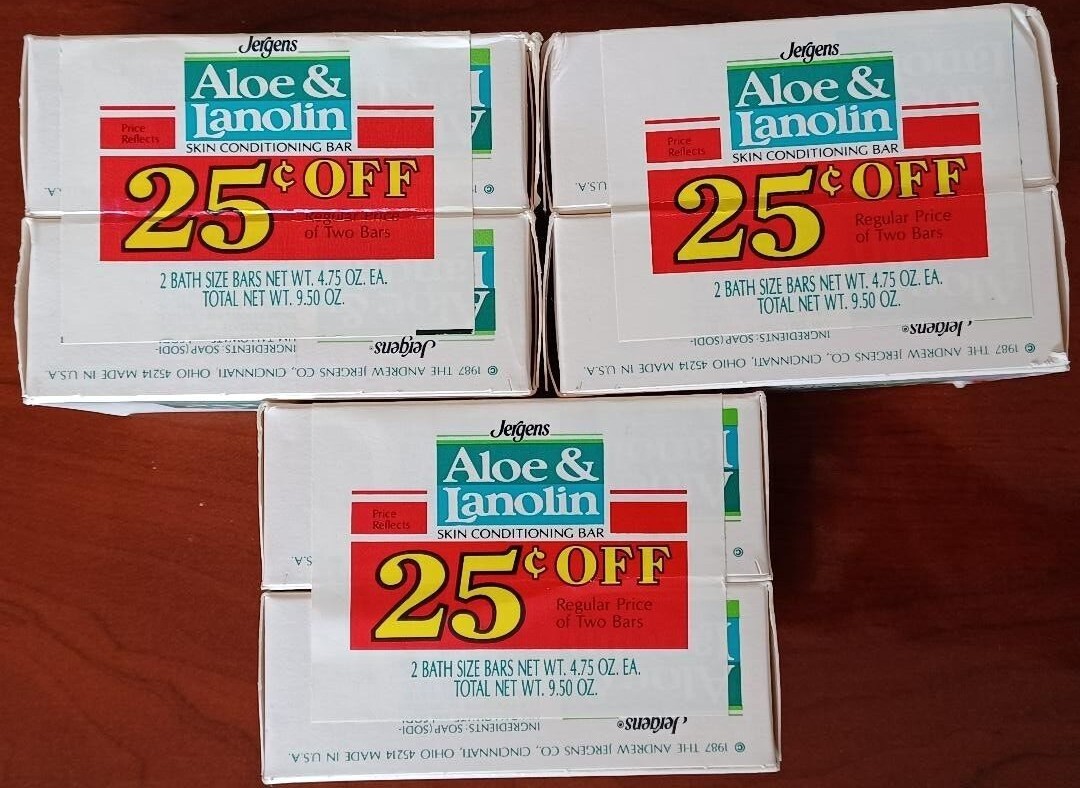 6 Vintage 1986 Jergens Aloe & Lanolin Skin Conditioning Bar Soap 4.75oz NOS Prop