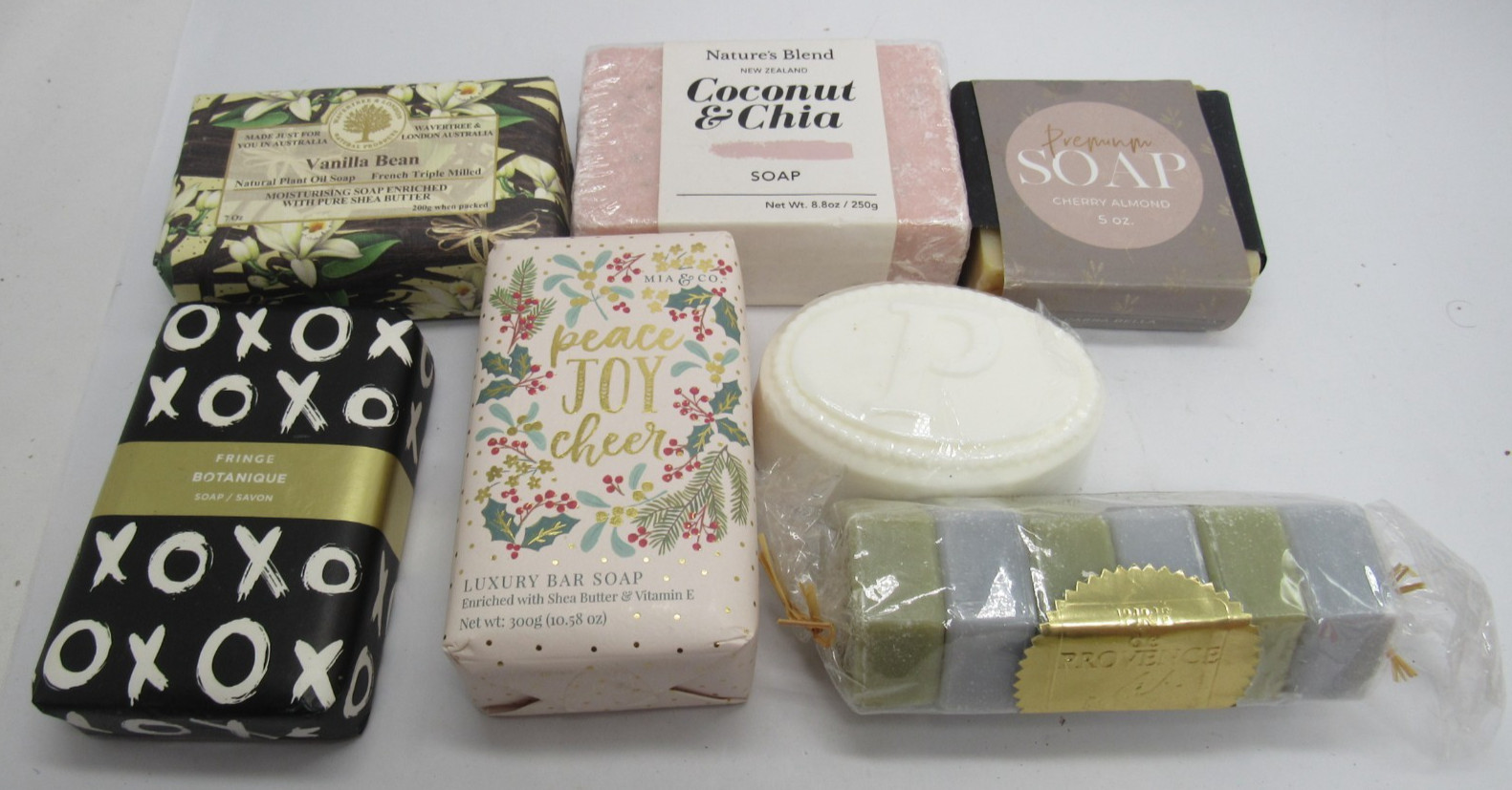 Lot of 7 Specialty Bar Soaps Vanilla Bean Coconut Chia Cherry Almond Gift Set