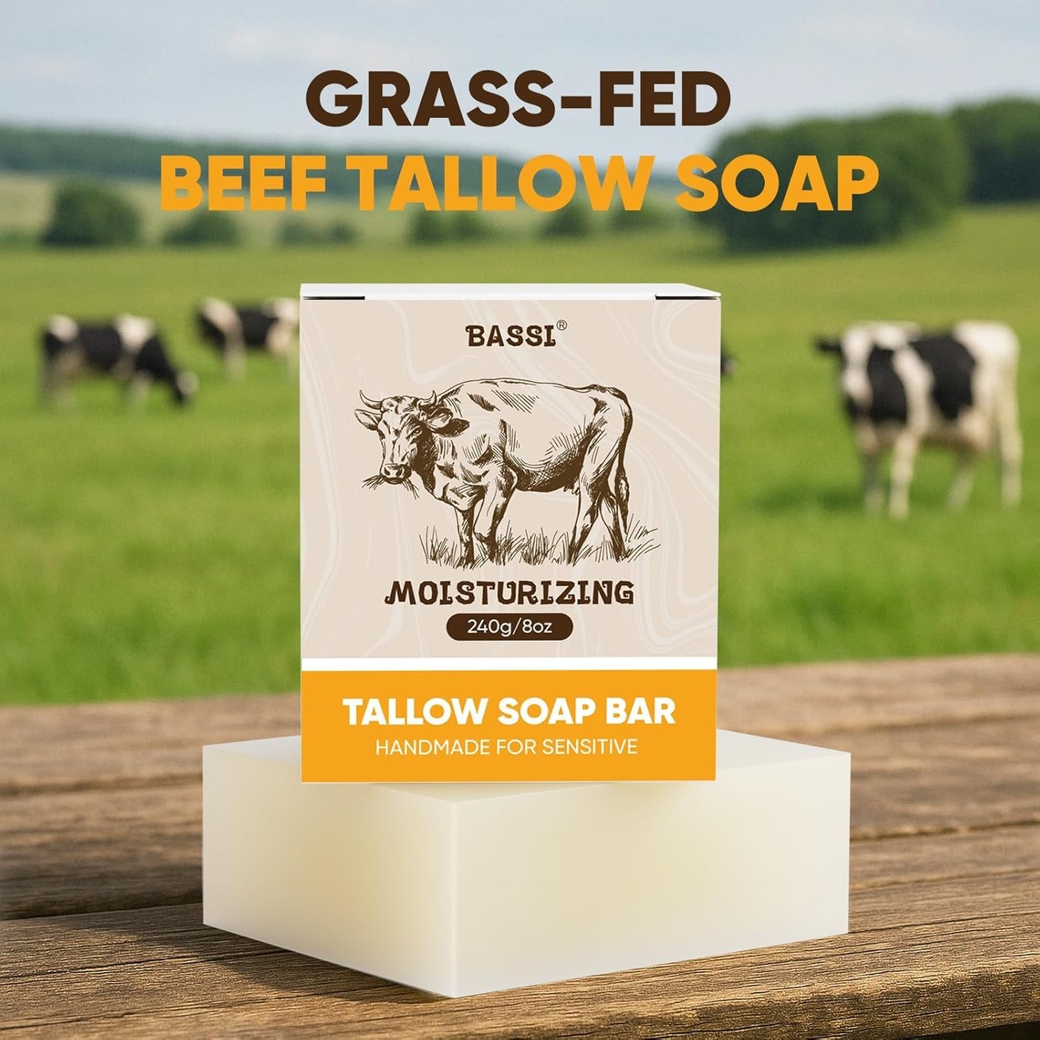8 Oz Natural Tallow Moisturizing Bar2Bars All Beef Soap, Fed Tallow Grass Soap