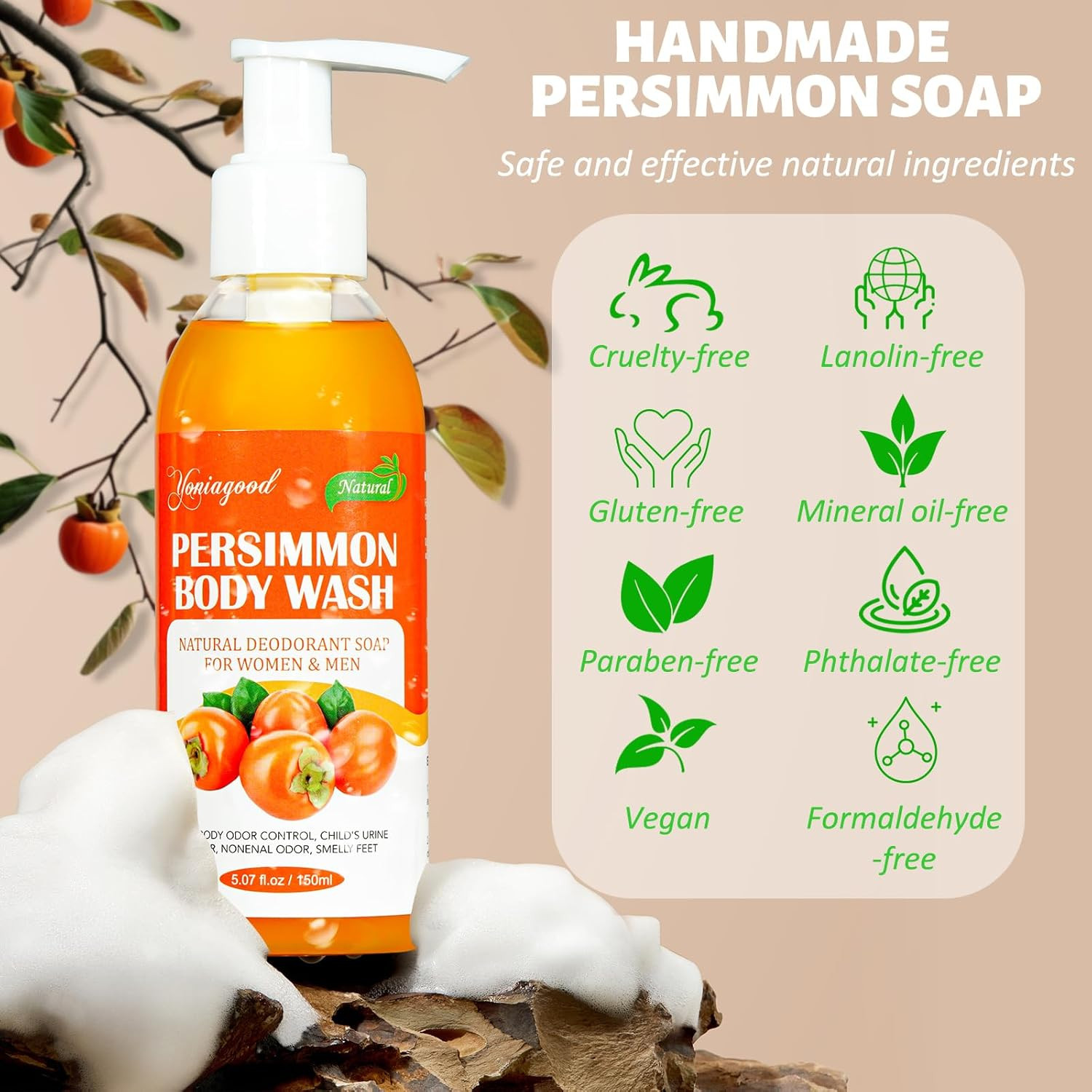 2 PCS Persimmon Body Wash for Strong Odor Control, Natural Persimmon Soap Bar Ol