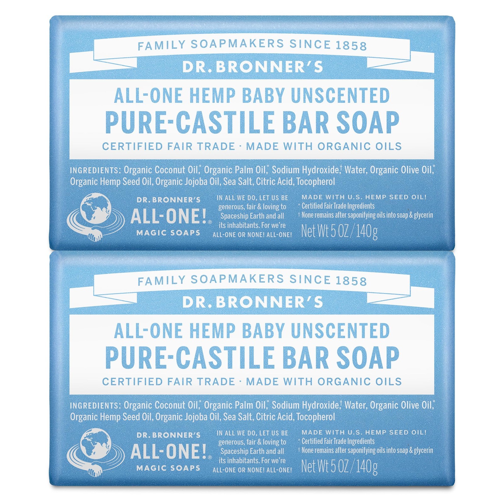 Dr Bronner’s Pure Castile Soap Bar 5oz Pack of 2 Organic Vegan Gentle Cleanser