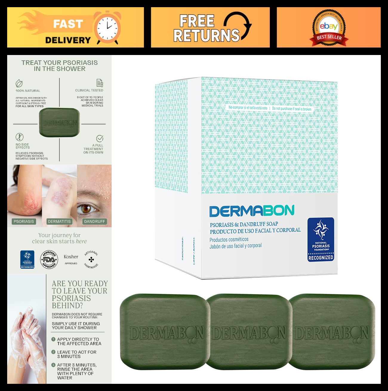 Psoriasis & Eczema Soap Bar – 2% Coal Tar, Soothes Itching, Moisturizes Skin – 3