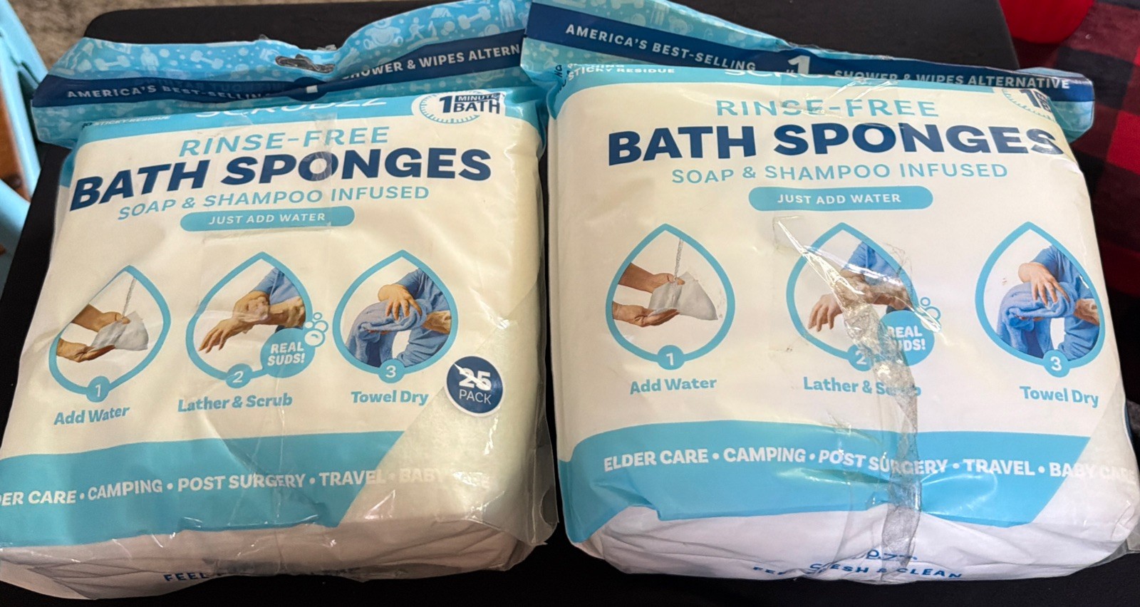 2x Scrubzz Disposable Rinse Free Bath Sponges Sensitive Skin Soap and Shampoo