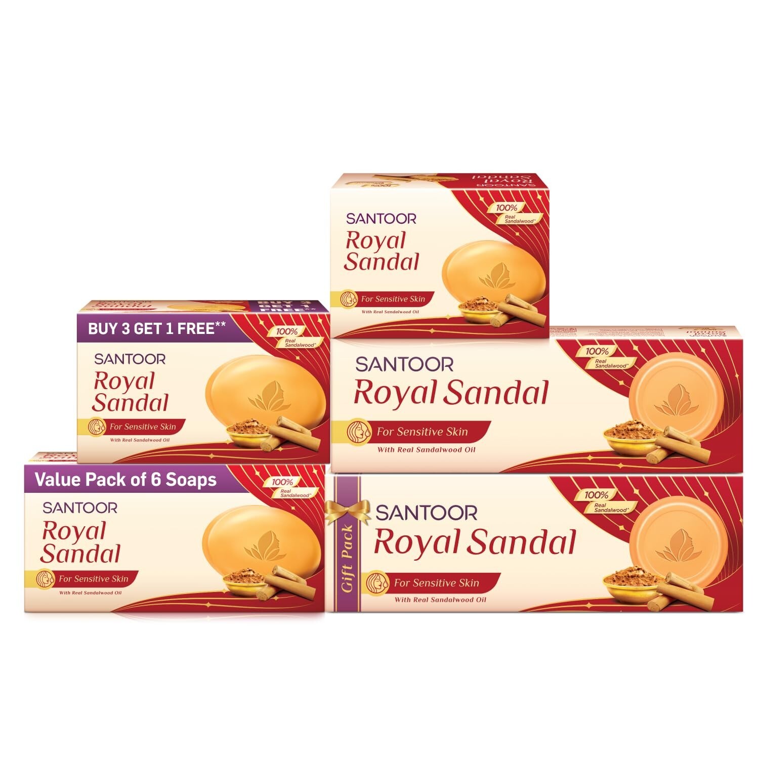 Santoor Royal Sandal Bathing Soap for Sensitive Skin| 100% Sandalwood Oil & Powd