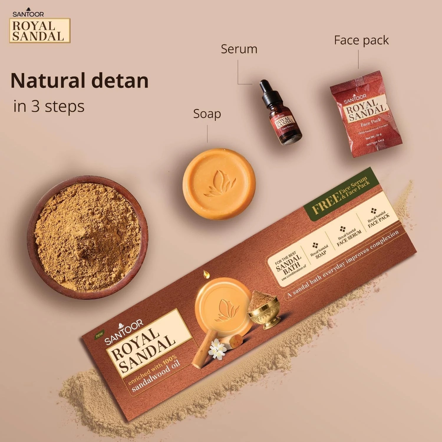 Santoor Royal Sandal Detan Pack 3 Soaps + Free Serum + Free Face Pack