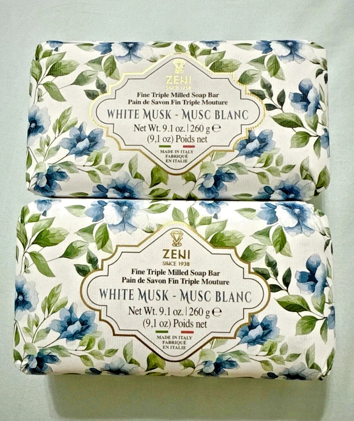 2 Zeni White Musk Triple Milled Soap Bars 2x 9.1oz Made in Italy Total 18.2oz