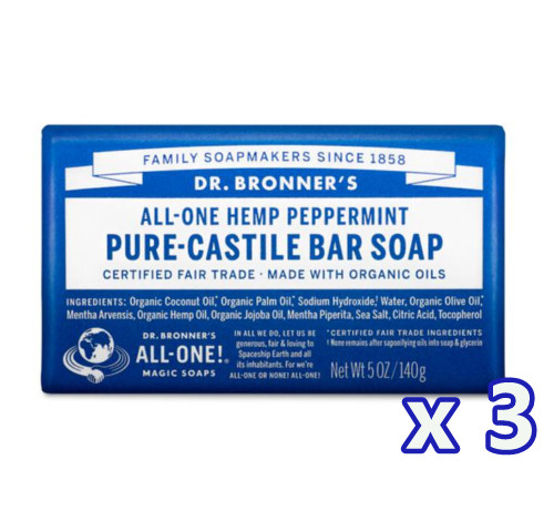 3 x Dr. Bronner’s Pure-Castile Bar Soap Hemp All-One Peppermint 140g Bronners