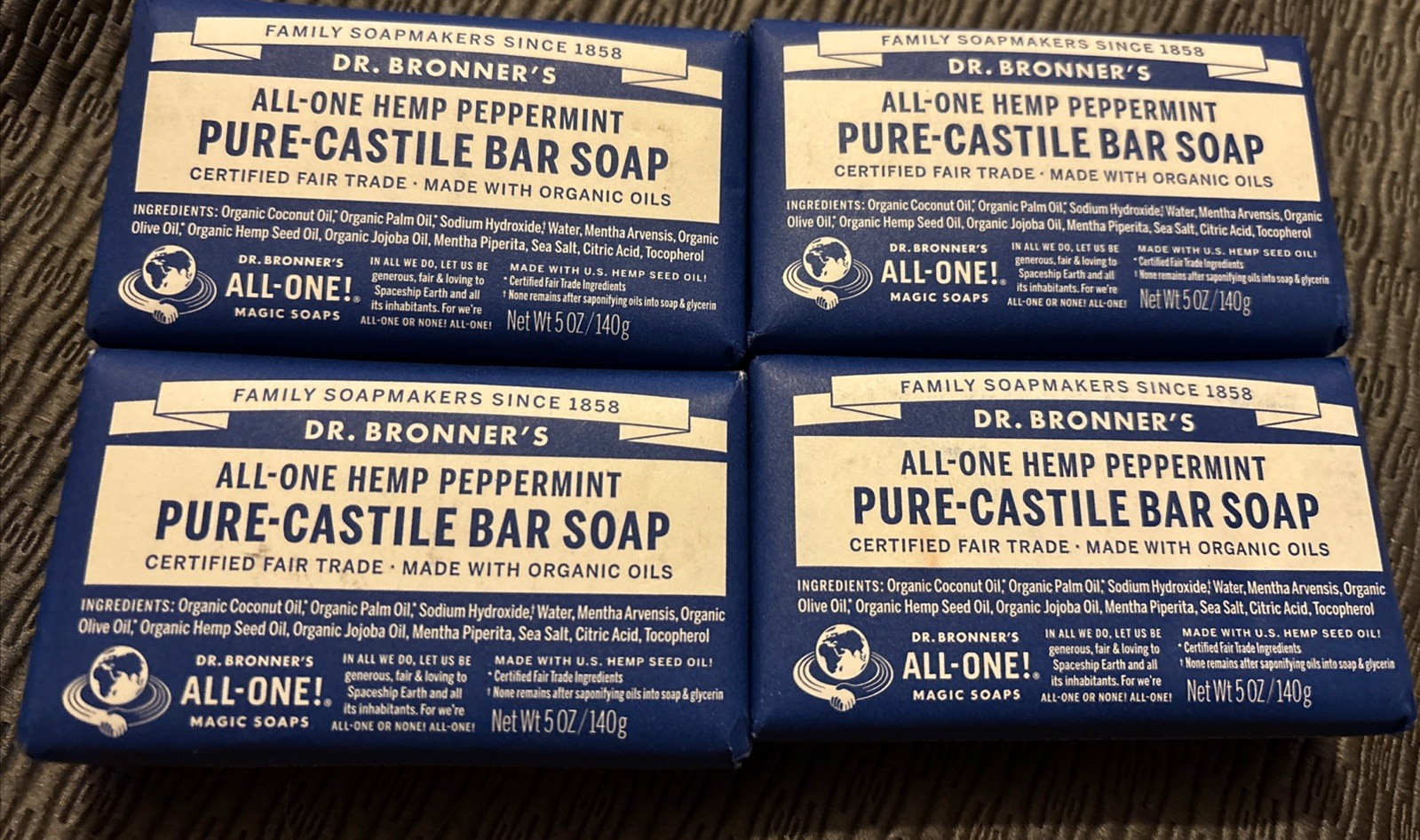 4 – Dr. Bronners – All One Hemp Peppermint – Pure Castile Bar Soap – 5oz Each